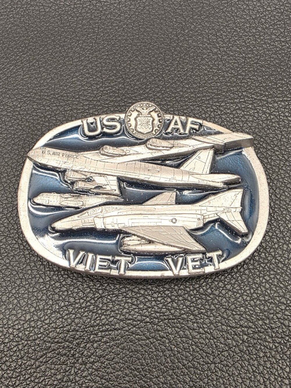 USAF Vietnam Veteran Belt Buckle Vintage Military Blue Enamel on Pewter USAF Vet